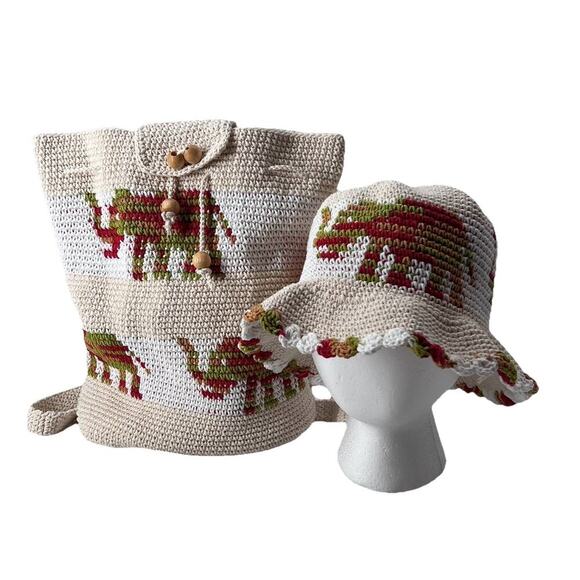 Handmade Boho Crochet Backpack Nap Sack Elephant Design & Matching Bucket Hat main image 7